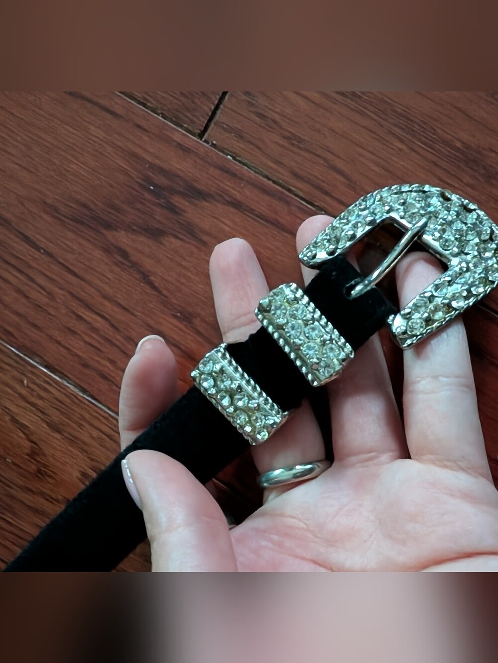 Suzi Roher Black Velvet Belt with Crystal Buckle and Embellished Loops